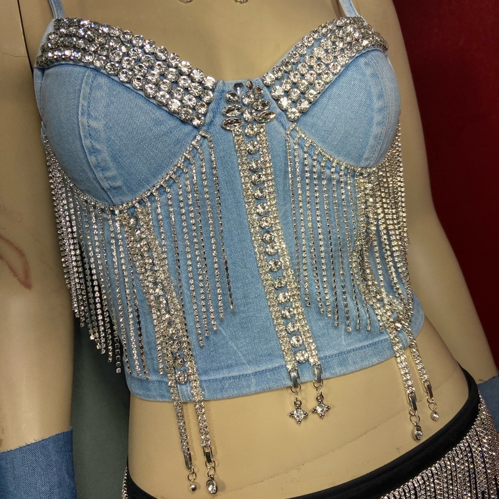 Re-Imagined Denim and Rhinestone Corset top